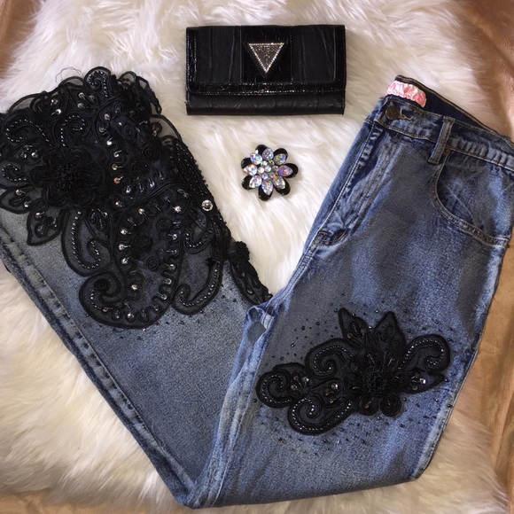 Designer Black Appliqué Denim Jeans - Picture 1 of 4